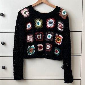 Black Crochet Sweater with Multicolor Squares